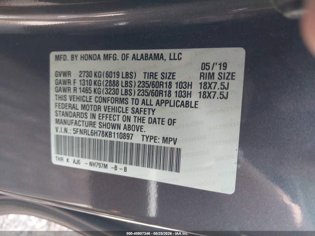 2019 Honda Odyssey Ex-l მანქანა იყიდება აუქციონზე, vin: 5FNRL6H78KB110897, აუქციონის ნომერი: 45907346