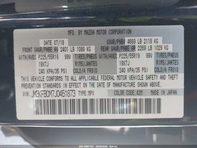45907347 :رقم المزاد ، JM3KFBCM7J0451873 vin ، 2018 Mazda Cx-5 Touring مزاد بيع
