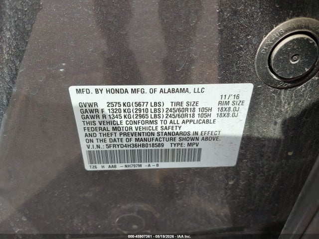 Aukcja sprzedaży 2017 Acura Mdx, vin: 5FRYD4H36HB018589, numer aukcji: 45907361