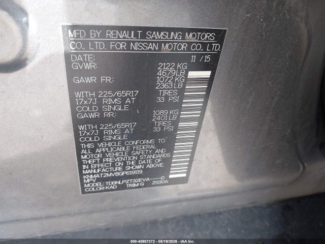 Aukcja sprzedaży 2016 Nissan Rogue S, vin: KNMAT2MV8GP619119, numer aukcji: 45907372