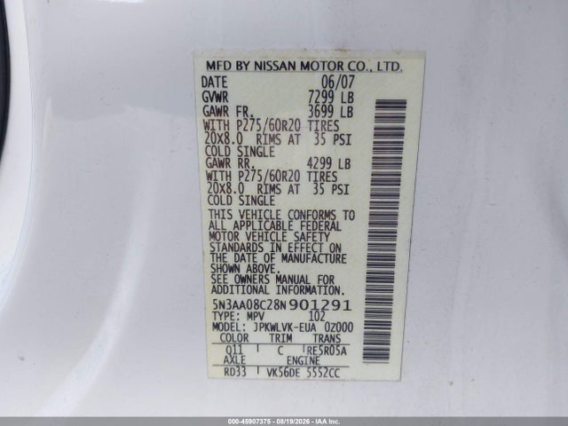 45907375 :رقم المزاد ، 5N3AA08C28N901291 vin ، 2008 Infiniti Qx56 مزاد بيع