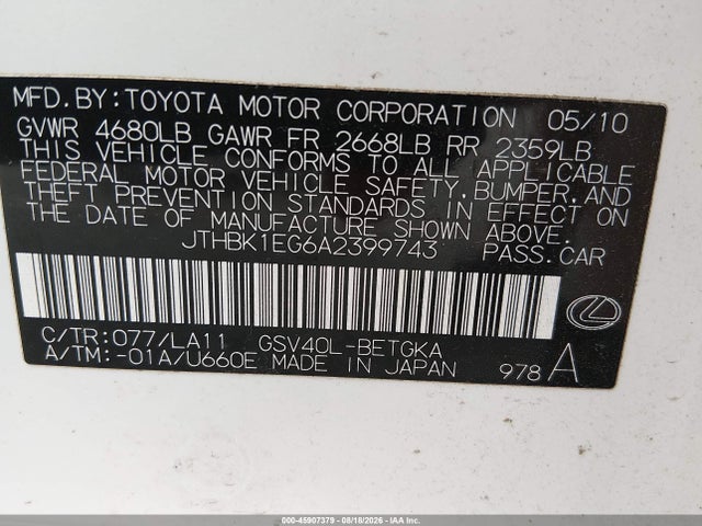 45907379 :رقم المزاد ، JTHBK1EG6A2399743 vin ، 2010 Lexus Es 350 مزاد بيع