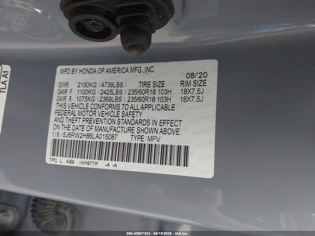 Продажа на аукционе авто 2020 Honda Cr-v Awd Ex-l, vin: 5J6RW2H86LA015087, номер лота: 45907382