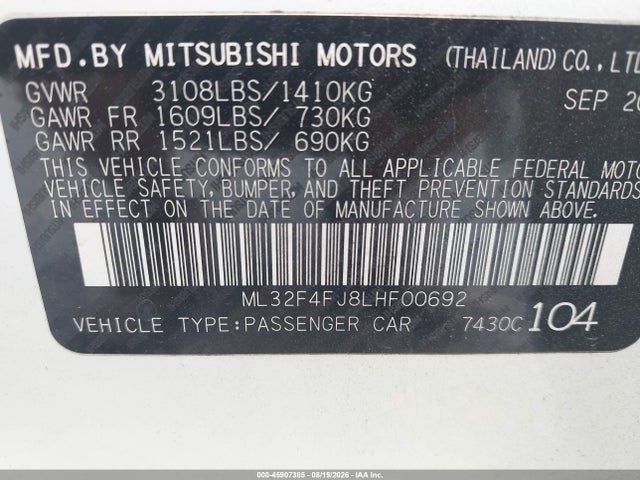 Продаж на аукціоні авто 2020 Mitsubishi Mirage G4 Le, vin: ML32F4FJ8LHF00692, номер лоту: 45907385
