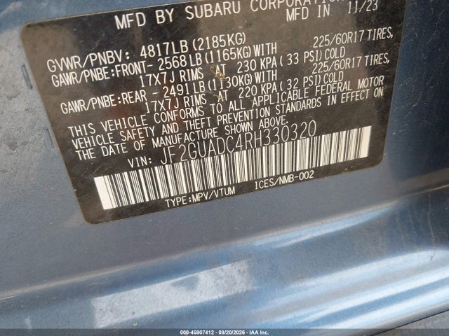 Продаж на аукціоні авто 2024 Subaru Crosstrek Premium, vin: JF2GUADC4RH330320, номер лоту: 45907412