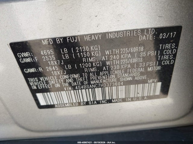 Aukcja sprzedaży 2017 Subaru Outback 2.5i Limited, vin: 4S4BSANC7H3373604, numer aukcji: 45907421