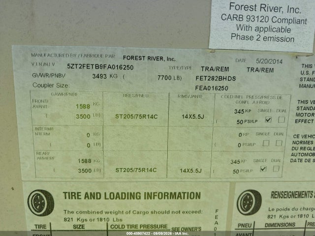 2015 Forest River Coachmen Freedom Express 282 Travel Trailer მანქანა იყიდება აუქციონზე, vin: 5ZT2FETB9FA016250, აუქციონის ნომერი: 45907422