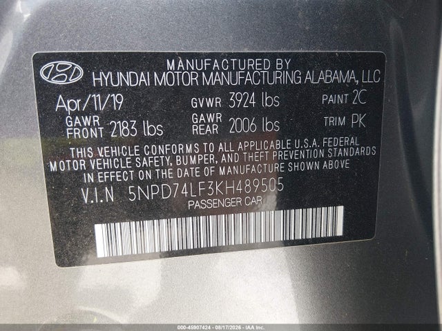 Продаж на аукціоні авто 2019 Hyundai Elantra Se, vin: 5NPD74LF3KH489505, номер лоту: 45907424