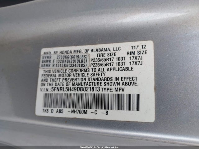 2013 Honda Odyssey Ex მანქანა იყიდება აუქციონზე, vin: 5FNRL5H49DB021813, აუქციონის ნომერი: 45907425