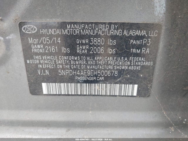 45907451 :رقم المزاد ، 5NPDH4AE9EH500678 vin ، 2014 Hyundai Elantra Se مزاد بيع