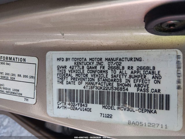 Продажа на аукционе авто 2002 Toyota Camry Le, vin: 4T1BF30K22U536854, номер лота: 45907452