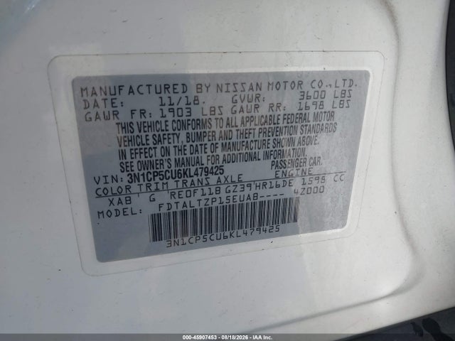 45907453 :رقم المزاد ، 3N1CP5CU6KL479425 vin ، 2019 Nissan Kicks Sr مزاد بيع