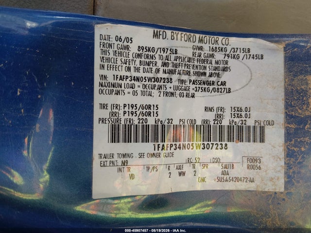 2005 Ford Focus Zx4 მანქანა იყიდება აუქციონზე, vin: 1FAFP34N05W307238, აუქციონის ნომერი: 45907457