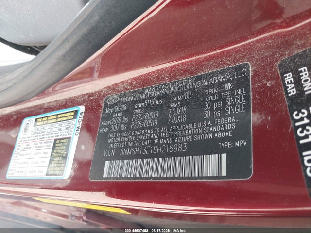 45907458 :رقم المزاد ، 5NMSH13E18H216983 vin ، 2008 Hyundai Santa Fe Limited/se مزاد بيع