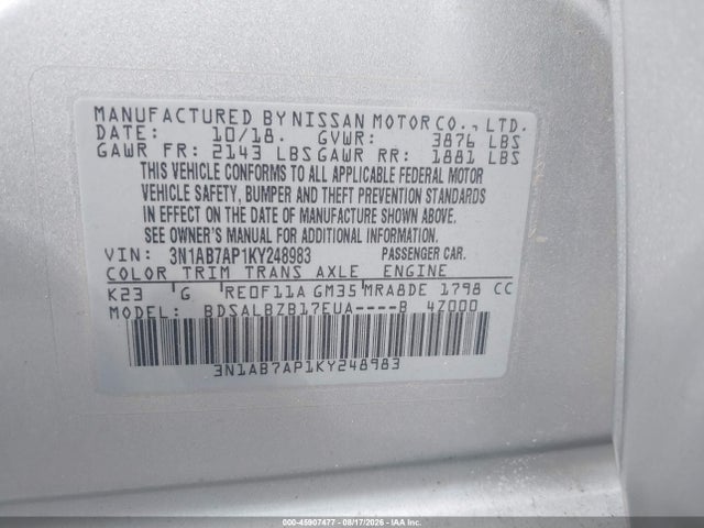 Продаж на аукціоні авто 2019 Nissan Sentra S, vin: 3N1AB7AP1KY248983, номер лоту: 45907477