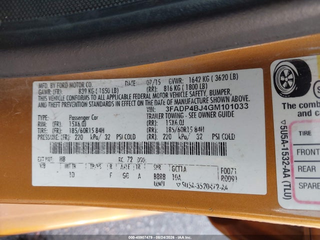Продажа на аукционе авто 2016 Ford Fiesta Se, vin: 3FADP4BJ4GM101033, номер лота: 45907479