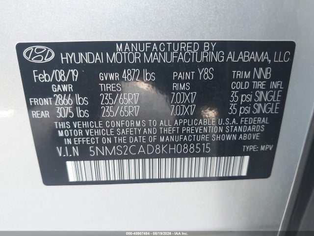 Продаж на аукціоні авто 2019 Hyundai Santa Fe Se, vin: 5NMS2CAD8KH088515, номер лоту: 45907484