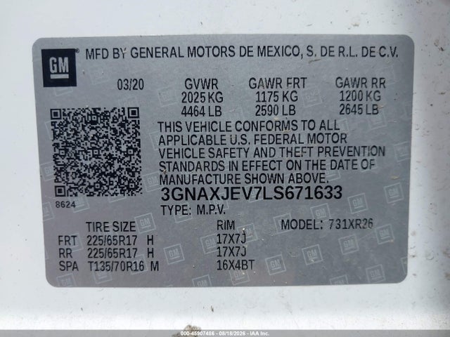 Продажа на аукционе авто 2020 Chevrolet Equinox Fwd 2fl, vin: 3GNAXJEV7LS671633, номер лота: 45907486