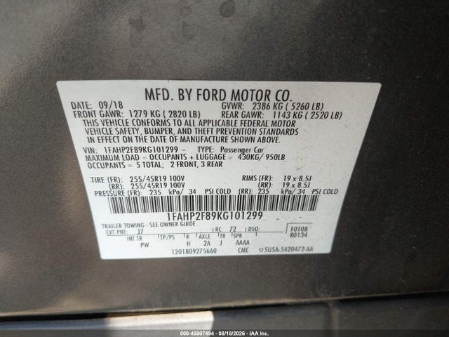Продаж на аукціоні авто 2019 Ford Taurus Limited, vin: 1FAHP2F89KG101299, номер лоту: 45907494
