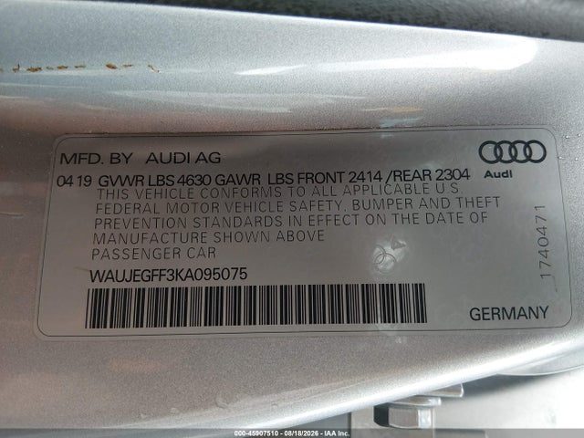 Продаж на аукціоні авто 2019 Audi A3 45 Premium, vin: WAUJEGFF3KA095075, номер лоту: 45907510
