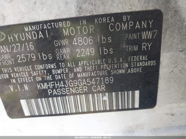2016 Hyundai Azera Limited მანქანა იყიდება აუქციონზე, vin: KMHFH4JG9GA547189, აუქციონის ნომერი: 45907513
