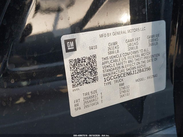 Продаж на аукціоні авто 2018 Chevrolet Colorado Lt, vin: 1GCGSCEN6J1284356, номер лоту: 45907519