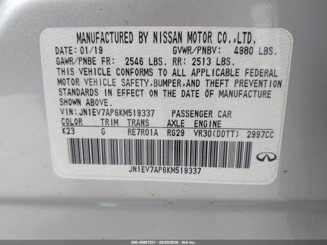Продажа на аукционе авто 2019 Infiniti Q50 3.0t Luxe, vin: JN1EV7AP6KM519337, номер лота: 45907521
