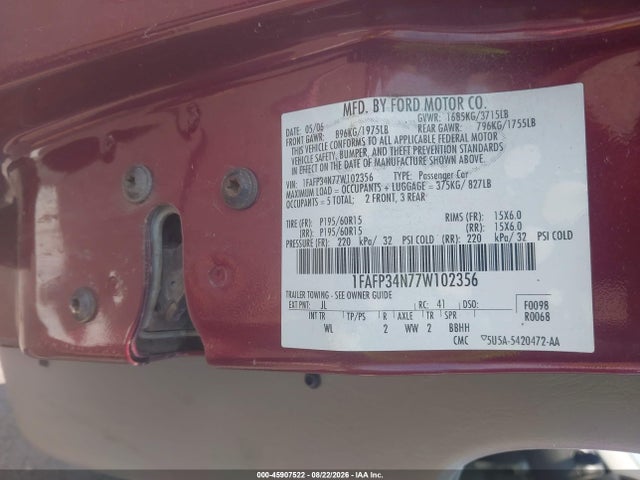 2007 Ford Focus S/se/ses მანქანა იყიდება აუქციონზე, vin: 1FAFP34N77W102356, აუქციონის ნომერი: 45907522