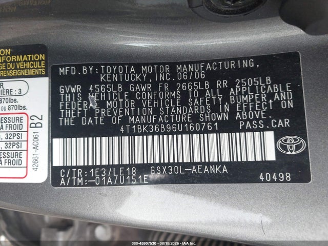 Aukcja sprzedaży 2006 Toyota Avalon Touring, vin: 4T1BK36B96U160761, numer aukcji: 45907530