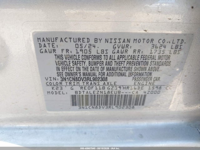 Продаж на аукціоні авто 2024 Nissan Versa 1.6 S, vin: 3N1CN8DV3RL902308, номер лоту: 45907540