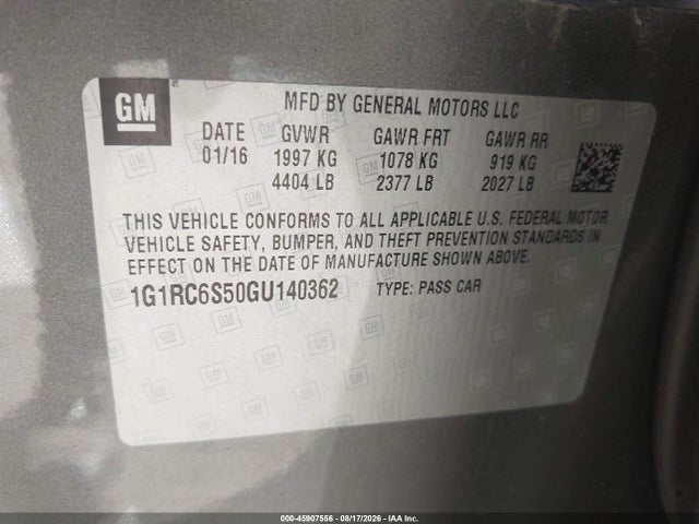 Aukcja sprzedaży 2016 Chevrolet Volt Lt, vin: 1G1RC6S50GU140362, numer aukcji: 45907556