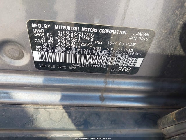 45907558 :رقم المزاد ، JA4AD3A35JJ004392 vin ، 2018 Mitsubishi Outlander Sel مزاد بيع