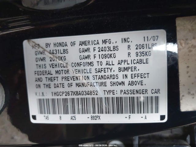 2008 Honda Accord 2.4 Ex მანქანა იყიდება აუქციონზე, vin: 1HGCP267X8A034852, აუქციონის ნომერი: 45907572