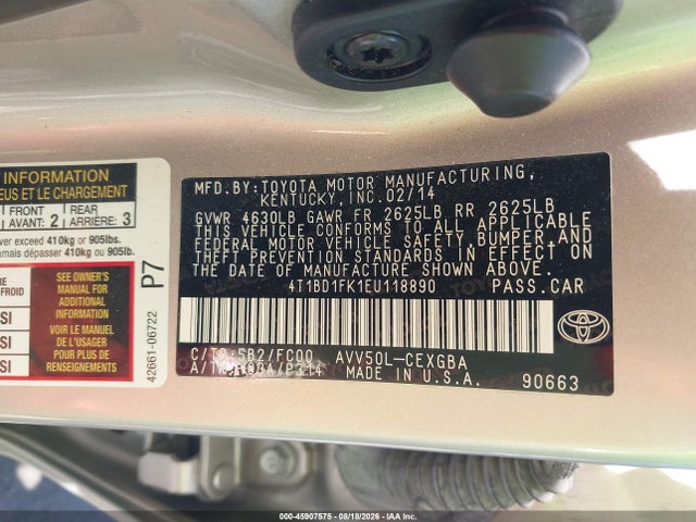 45907575 :رقم المزاد ، 4T1BD1FK1EU118890 vin ، 2014 Toyota Camry Hybrid Xle مزاد بيع
