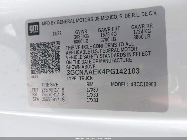 2023 Chevrolet Silverado 1500 2wd  Long Bed Wt მანქანა იყიდება აუქციონზე, vin: 3GCNAAEK4PG142103, აუქციონის ნომერი: 45907578