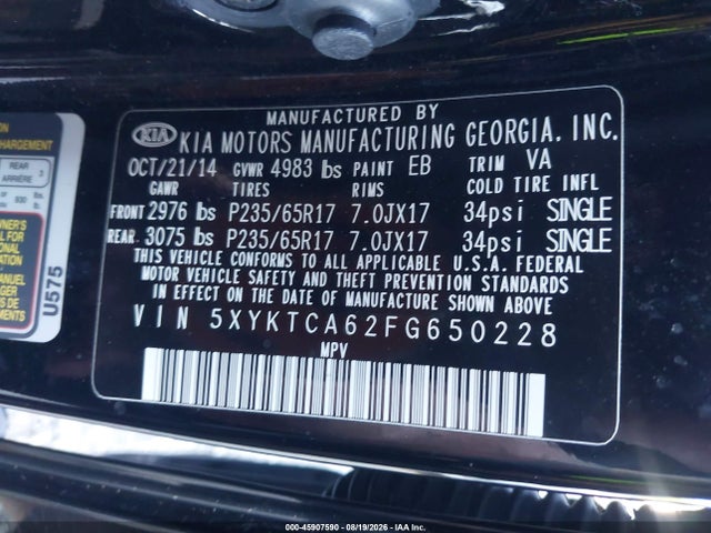 2015 Kia Sorento Lx მანქანა იყიდება აუქციონზე, vin: 5XYKTCA62FG650228, აუქციონის ნომერი: 45907590