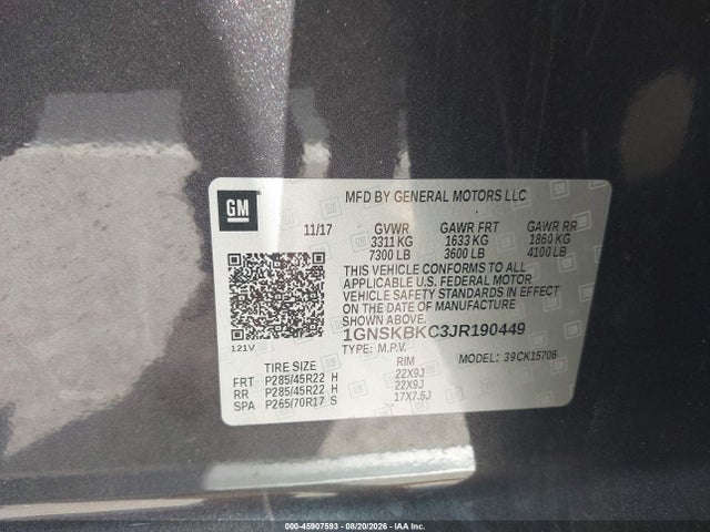 2018 Chevrolet Tahoe Lt მანქანა იყიდება აუქციონზე, vin: 1GNSKBKC3JR190449, აუქციონის ნომერი: 45907593