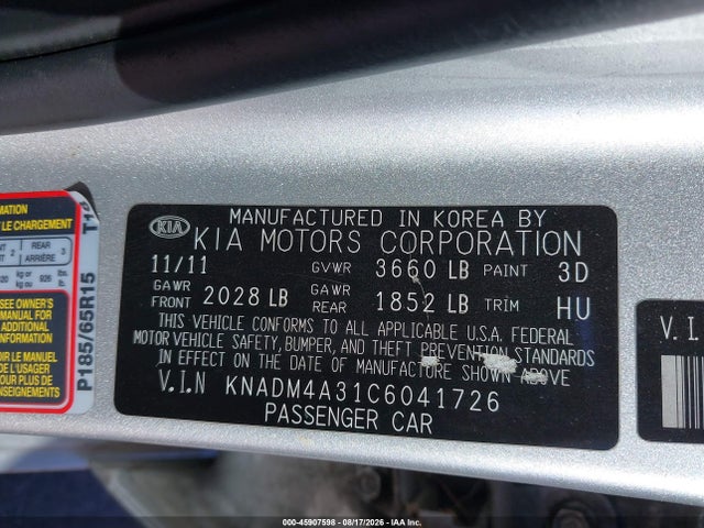 Aukcja sprzedaży 2012 Kia Rio Lx, vin: KNADM4A31C6041726, numer aukcji: 45907598