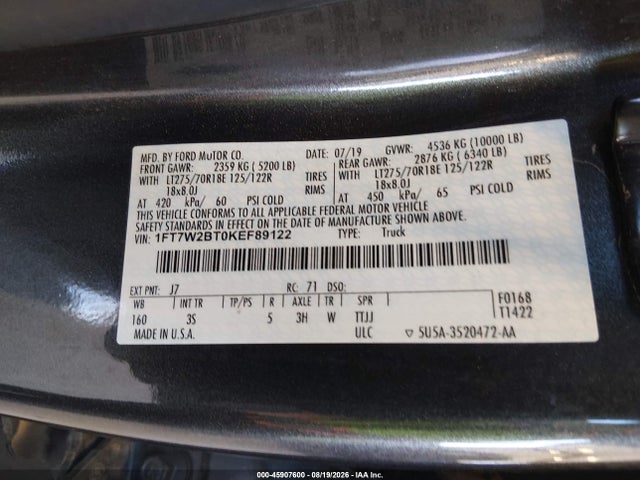 1FT7W2BT0KEF89122 Ford F-250 Xlt
