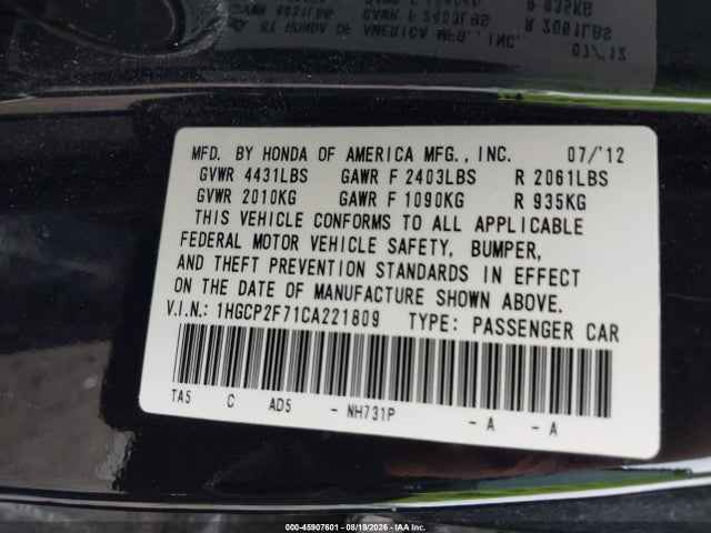 Продажа на аукционе авто 2012 Honda Accord 2.4 Ex, vin: 1HGCP2F71CA221809, номер лота: 45907601