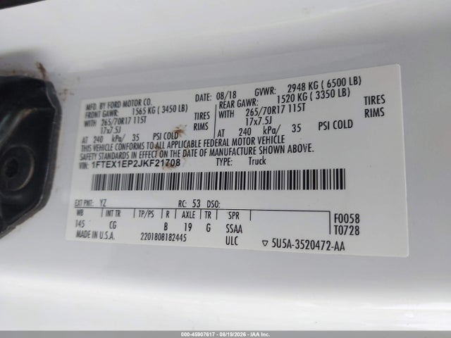 45907617 :رقم المزاد ، 1FTEX1EP2JKF21708 vin ، 2018 Ford F-150 Xl مزاد بيع