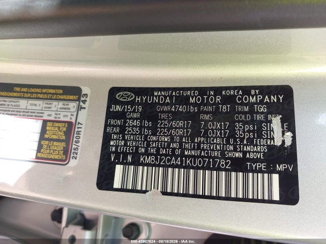 45907624 :رقم المزاد ، KM8J2CA41KU071782 vin ، 2019 Hyundai Tucson Se مزاد بيع