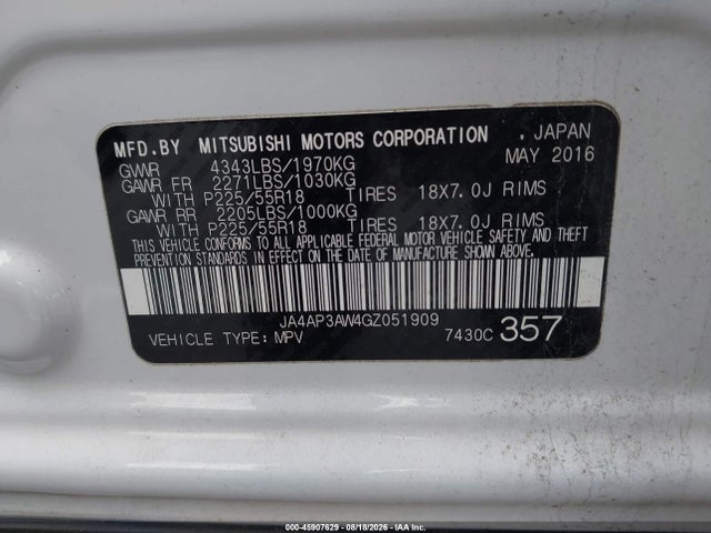 Aukcja sprzedaży 2016 Mitsubishi Outlander Sport 2.4 Es, vin: JA4AP3AW4GZ051909, numer aukcji: 45907629