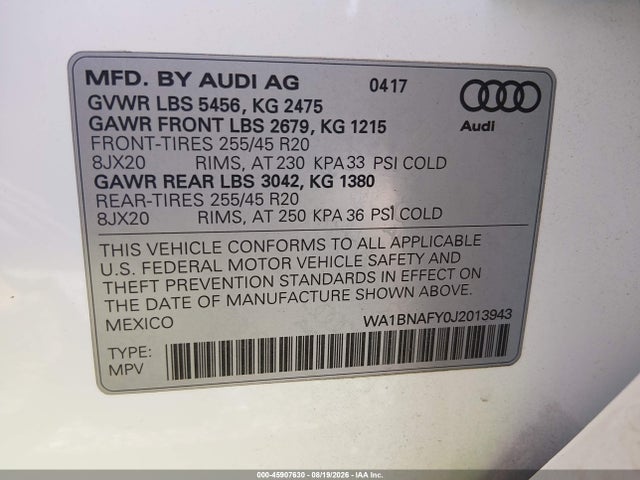 2018 Audi Q5 2.0t Premium/2.0t Tech Premium მანქანა იყიდება აუქციონზე, vin: WA1BNAFY0J2013943, აუქციონის ნომერი: 45907630