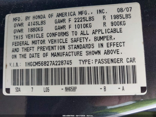 2007 Honda Accord 2.4 Ex მანქანა იყიდება აუქციონზე, vin: 1HGCM56827A228745, აუქციონის ნომერი: 45907650