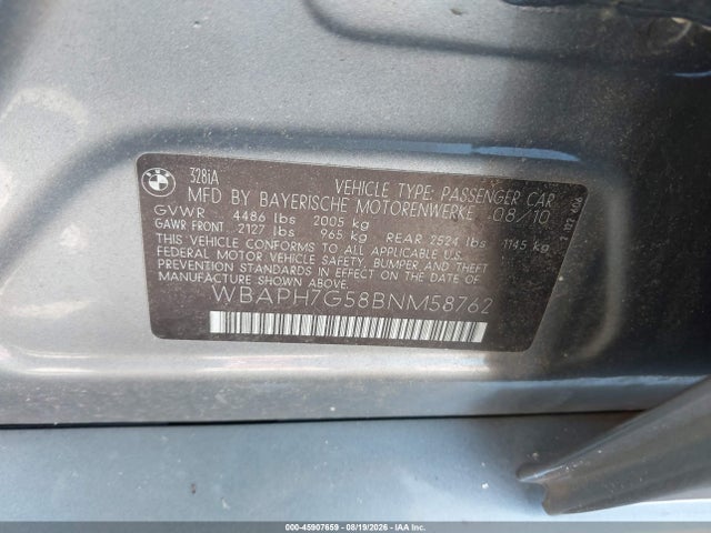 Aukcja sprzedaży 2011 Bmw 328i, vin: WBAPH7G58BNM58762, numer aukcji: 45907659