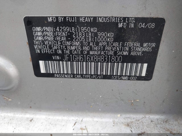 45907660 :رقم المزاد ، JF1GH616X8H831800 vin ، 2008 Subaru Impreza 2.5i مزاد بيع