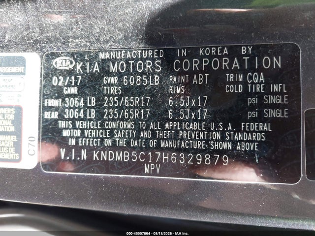 Продажа на аукционе авто 2017 Kia Sedona Lx, vin: KNDMB5C17H6329879, номер лота: 45907664