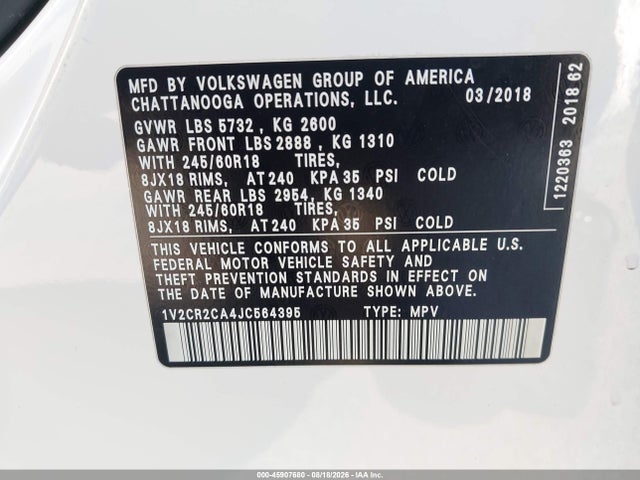 Aukcja sprzedaży 2018 Volkswagen Atlas 3.6l V6 Se, vin: 1V2CR2CA4JC564395, numer aukcji: 45907680