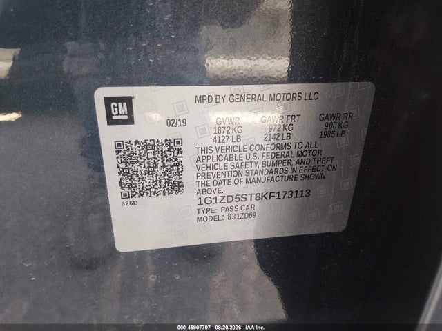 Продажа на аукционе авто 2019 Chevrolet Malibu Lt, vin: 1G1ZD5ST8KF173113, номер лота: 45907707